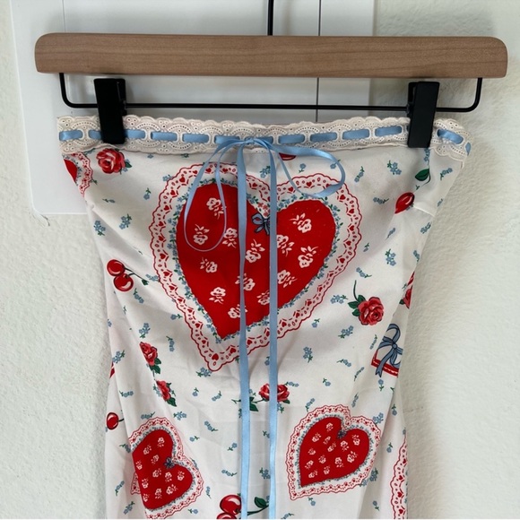 For Love & Lemons Daisy Heart Mae Strapless Midi Dress in White and Red - Picture 6 of 12